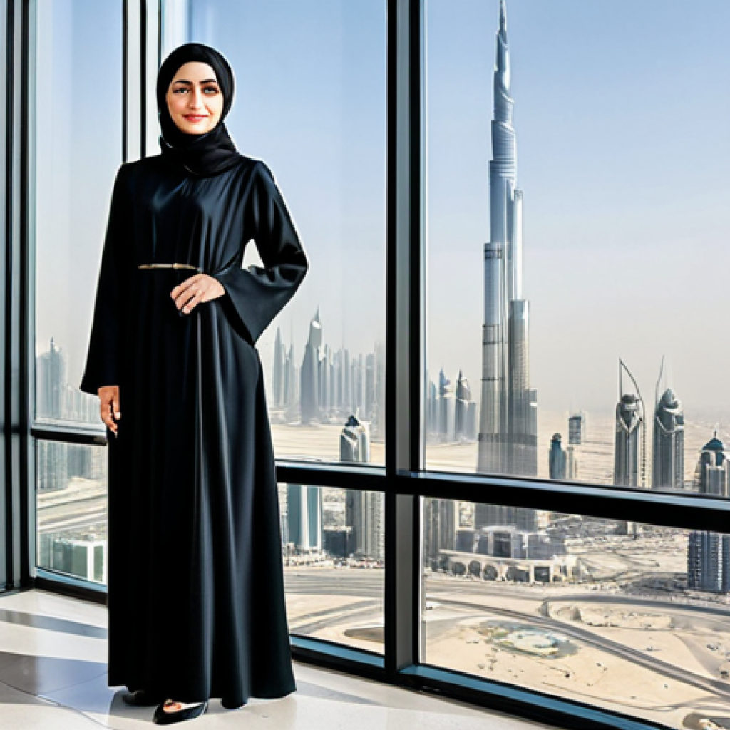 **
"A successful businesswoman in Dubai, wearing a stylish yet modest abaya in a contemporary design, fully clothed, standing in a modern office overlooking the Burj Khalifa, appropriate attire, safe for work, perfect anatomy, natural proportions, professional corporate headshot, high quality, family-friendly."
**