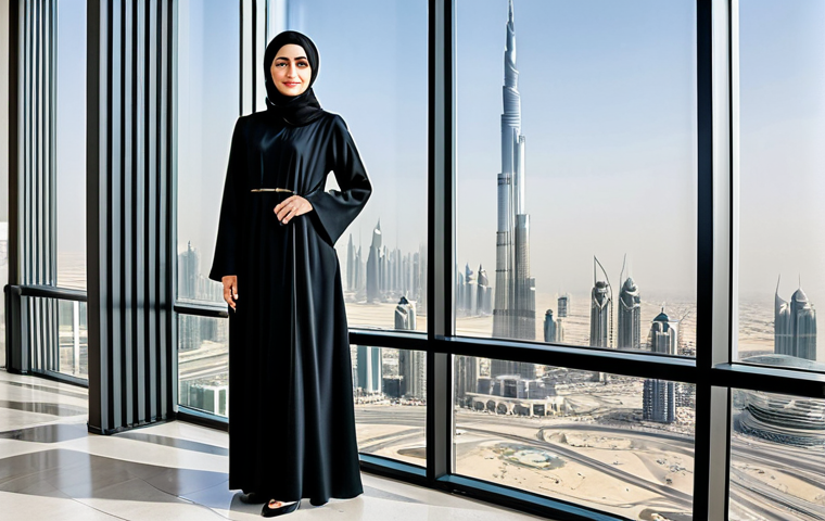 **
"A successful businesswoman in Dubai, wearing a stylish yet modest abaya in a contemporary design, fully clothed, standing in a modern office overlooking the Burj Khalifa, appropriate attire, safe for work, perfect anatomy, natural proportions, professional corporate headshot, high quality, family-friendly."
**