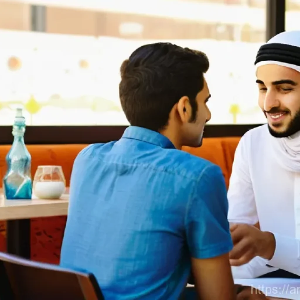 상황 맥락화 커뮤니케이션의 도전과 기회 - **Prompt:** A vibrant, sunlit modern Arab café bustling with a diverse group of young adults engaged...
