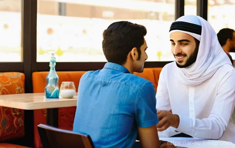 상황 맥락화 커뮤니케이션의 도전과 기회 - **Prompt:** A vibrant, sunlit modern Arab caf&eacute; bustling with a diverse group of young adults engaged...