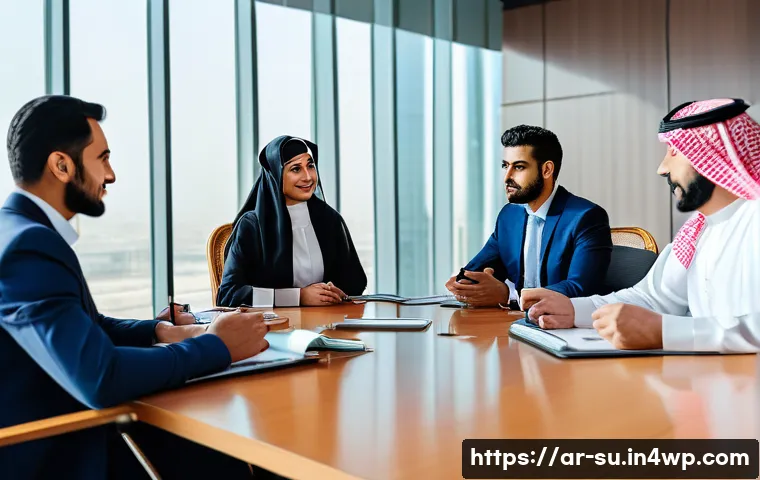 상황 맥락화 커뮤니케이션의 평가 및 피드백 - A professional Arabic business meeting scene in a modern, quiet conference room in Riyadh, Saudi Ara...