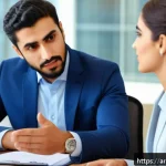 Home 23 상황에 따른 비언어적 커뮤니케이션의 역할 - A professional Middle Eastern man and woman engaged in a business meeting in a modern office setting...
