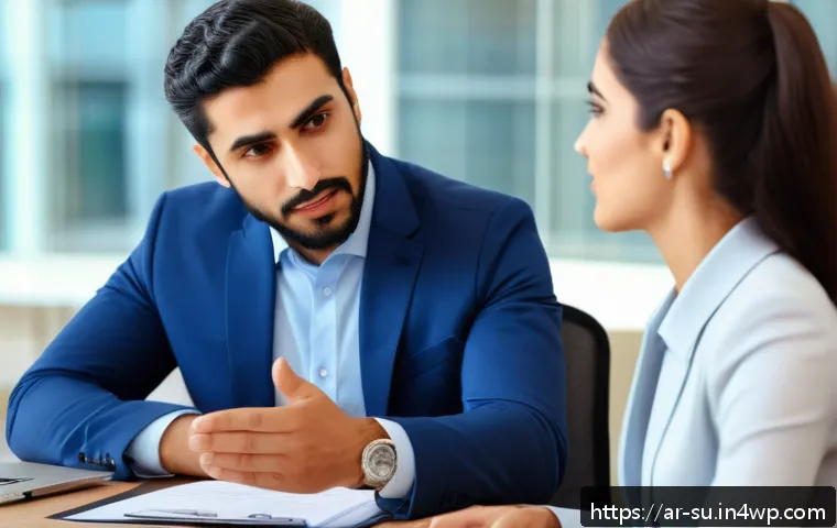 상황에 따른 비언어적 커뮤니케이션의 역할 - A professional Middle Eastern man and woman engaged in a business meeting in a modern office setting...